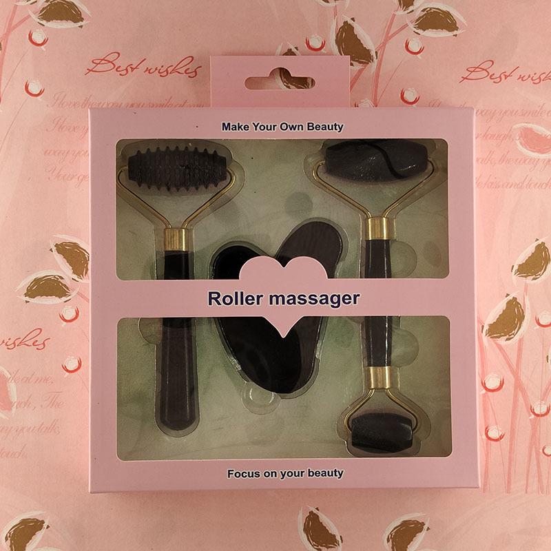 3-Piece Set: Imitation Jade & Rose Quartz Gua Sha Boards with Spiky Roller Facial Massager