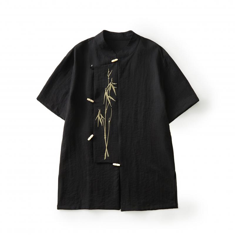 2025 Men Chinese Style Shirts Men Short Sleeve Shirt Summer Men Bamboo Leaf Shirt Men Cotton Trendy Loose Vintage Tops