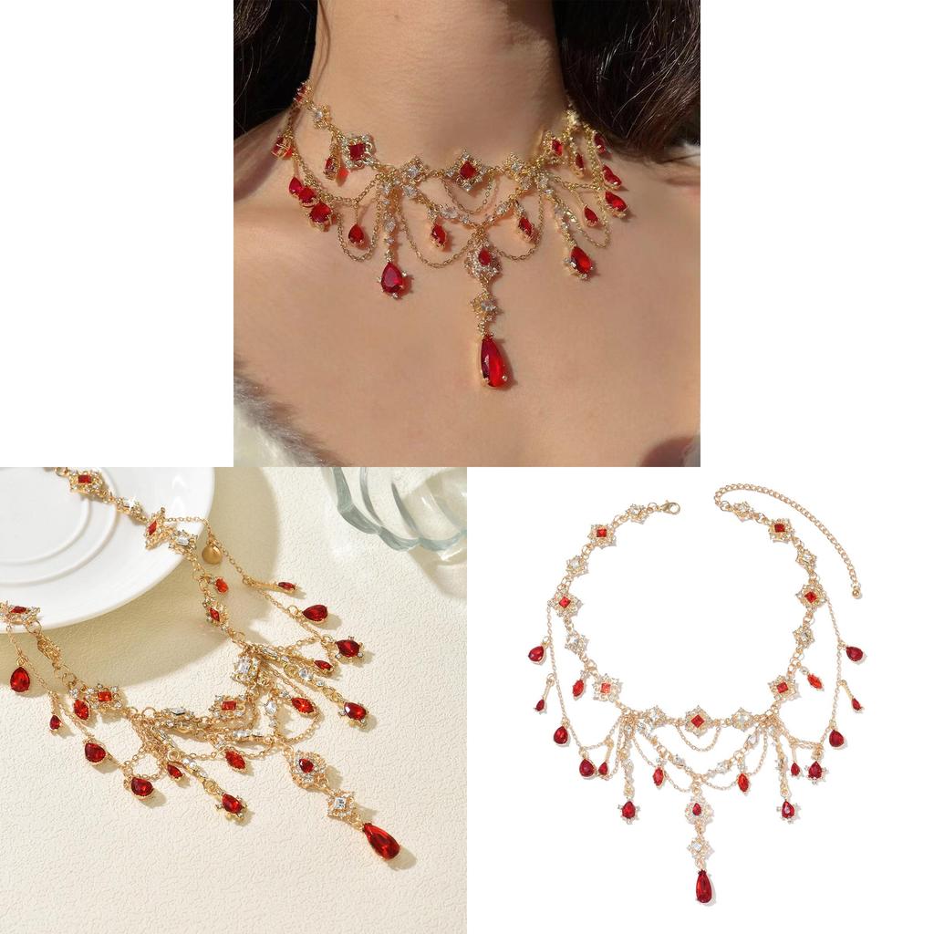 Gothic Necklace Geometric Red Gemstone Pendant With Multilayer Design For Women