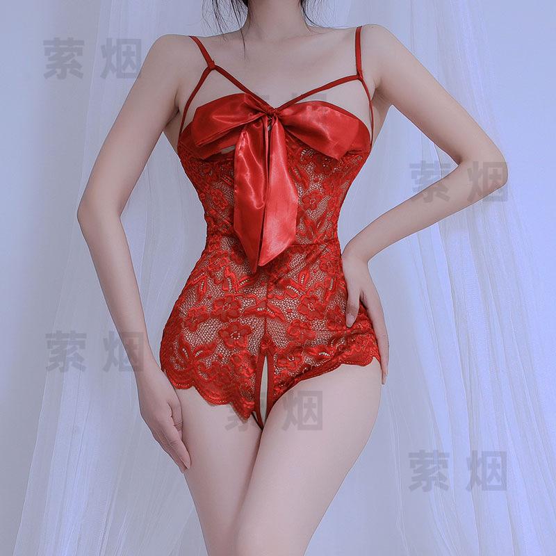 Sex underwear lace temptation transparent hollow sexy onesie bow qqny open uniform set