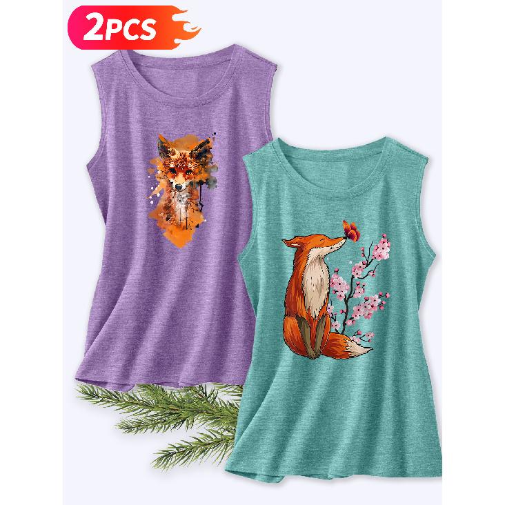 Follow a Specific Direction Two-piece Women's Vest Set Watercolor Fox and Cherry Blossom Vintage Print Elegant Summer Clothing Sleeveless Vest