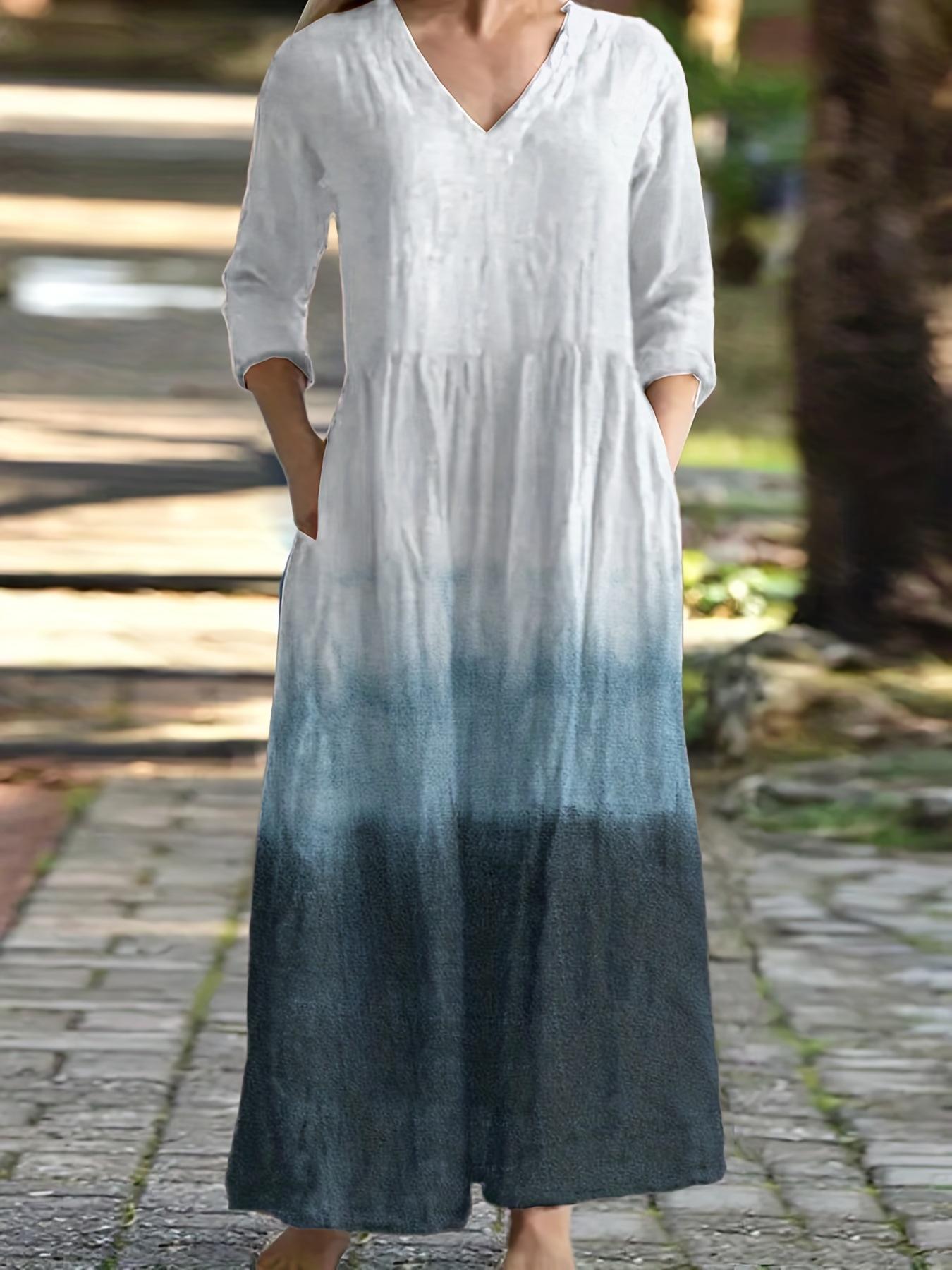 

Женское платье с V-образным вырезом, градиентной расцветки, с карманами, повседневное платье А-силуэта с рукавами семь восьмых для ношения на улице M