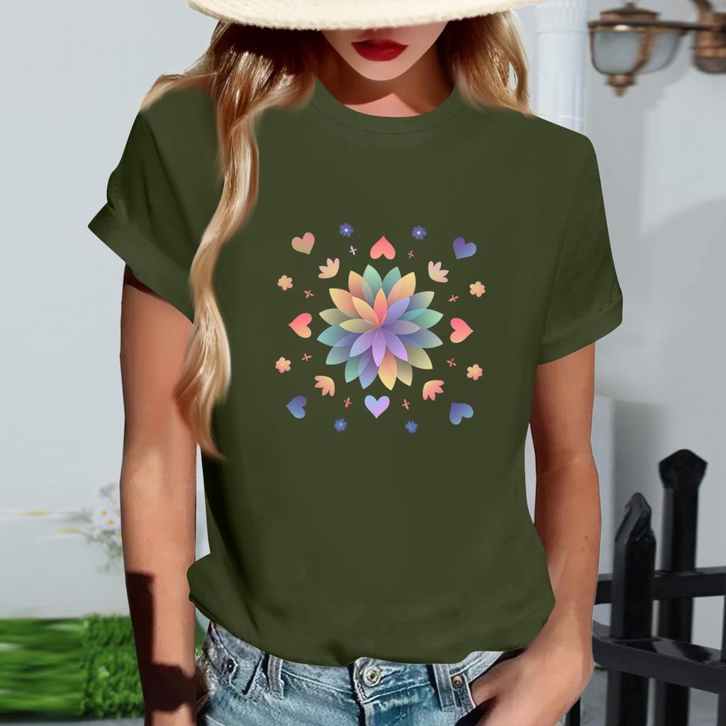 Women's Fashionable Round Neck Casual Retro Print Short Sleeved T-shirt Top