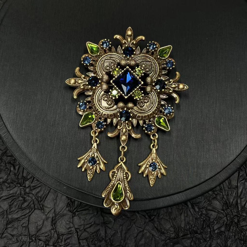 Qingdao medieval western antigo Florença clássico brincos de tarraxa broche indústria pesada metal diamante azul brincos pendentes joias