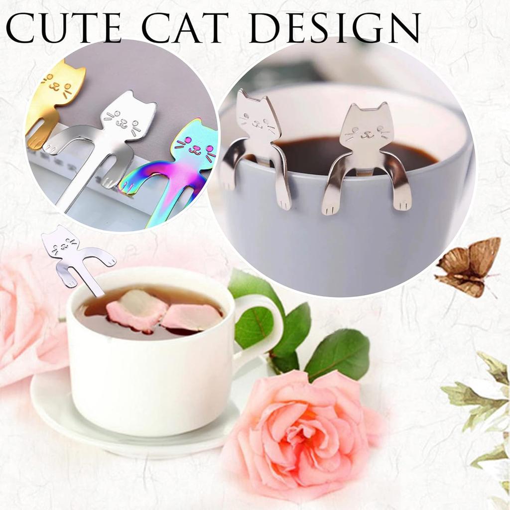 Cat Spoon Coffee Teaspoon, PBIEHSR Stainless Steel Hanging Cup Tea Spoon Two Different Lengths Dessert Scoop for Stirring Drink Mixing Milkshake Jam,