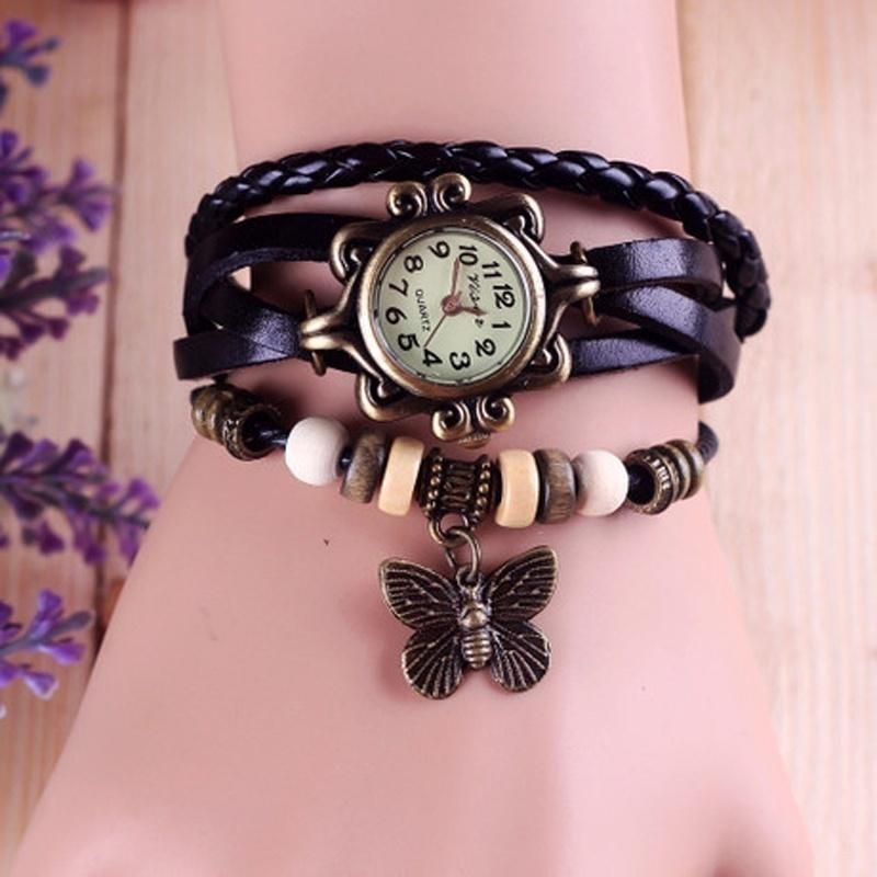 Heiße Verkäufe Vintage Schmetterling Anhänger Kuh Leder Uhr Frauen Damen Mode Kleid Quarz Armbanduhr