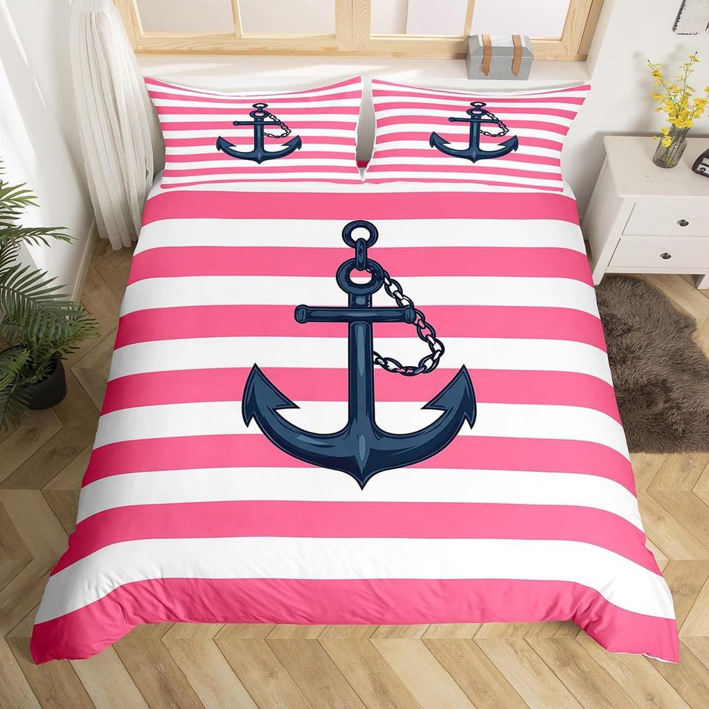Nautical Anchor Striped Pattern Bedding Cover With Pillowcase Quilt Cover Three-Piece Duvet Cover Set