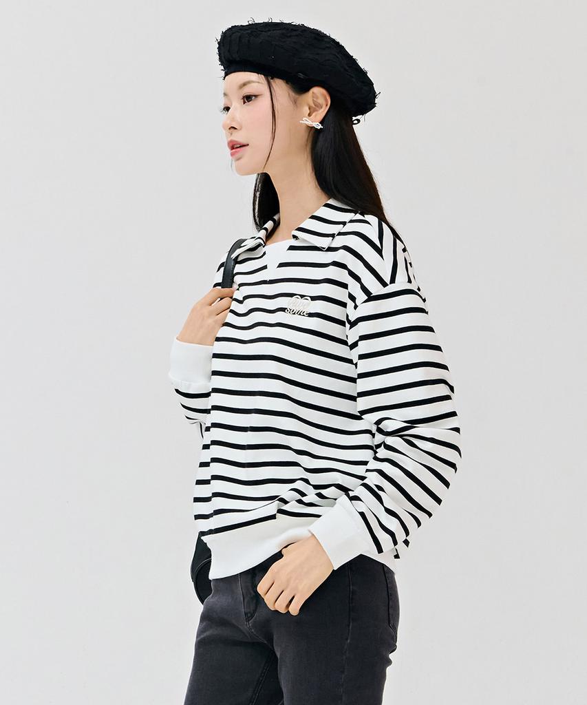 CHASECULT Women'S Striped Collared Sweatshirt - Ivory