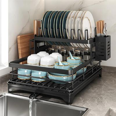 Stainless Steel Dish Drying Rack Adjustable Kitchen Plates Organizer with Drainboard Over Sink Plate Drainer Storage Organizer