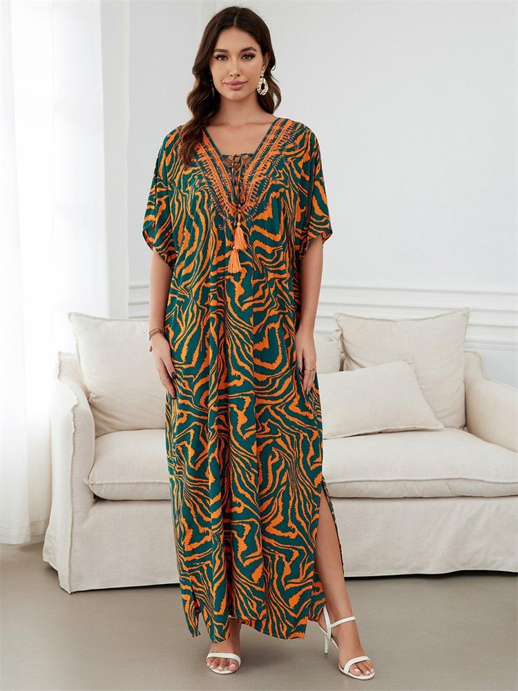 Orange Zebra-Print Locker Kaftan Sexy Strand-Coverups Für Frauen Sommer V-Ausschnitt Quasten Bindeband Seitenschlitz Robe Gemütliches Lässiges Hauskleid