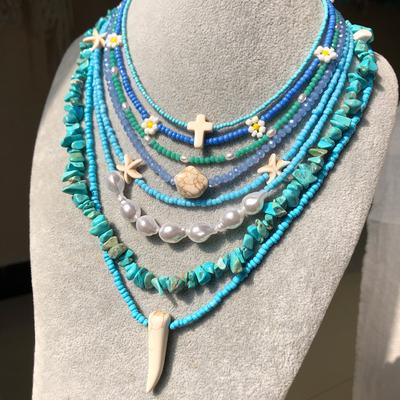 Blue Rice Bead Beaded Necklace Bohemian Style Handmade Female All-match Stacked Clavicle Chain