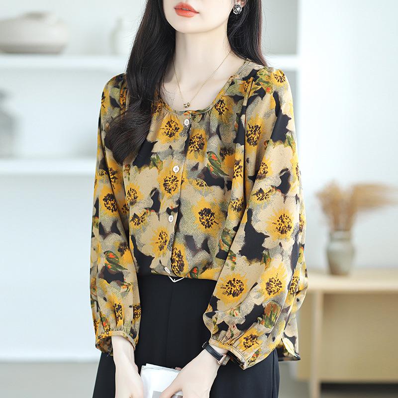 French Style Light Cooked Loose Comfortable Round Neck Bubble Sleeve Sweet Floral Shirt