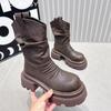 Fashion Women Platform Ankle Boots Mid Heels Leather Pleated Shoes Woman 2024 Trend Snow Boots New Goth Winter Motorcycle Boots Mujer