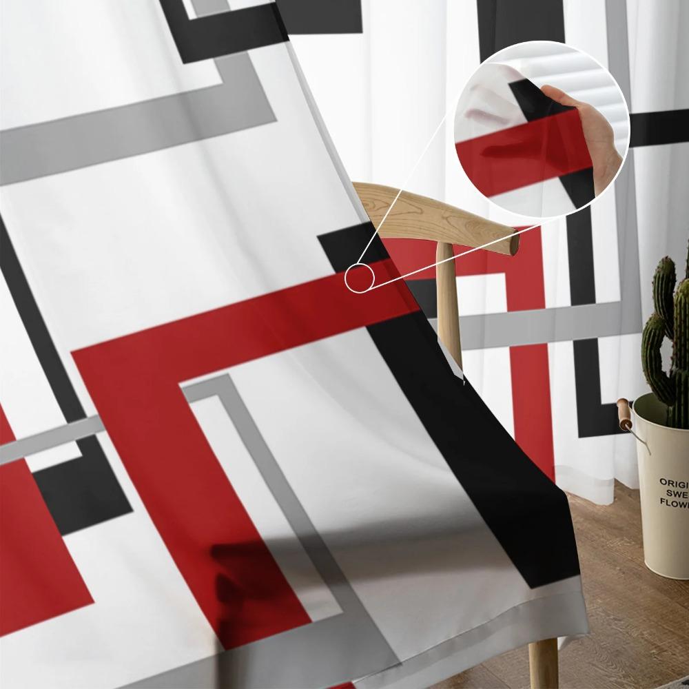 Abstract Geometric Squares Art Black Red Translucent Curtain Living Room Printed Tulle Window Drape Elegant Luxury Home Balcony Decor Curtains