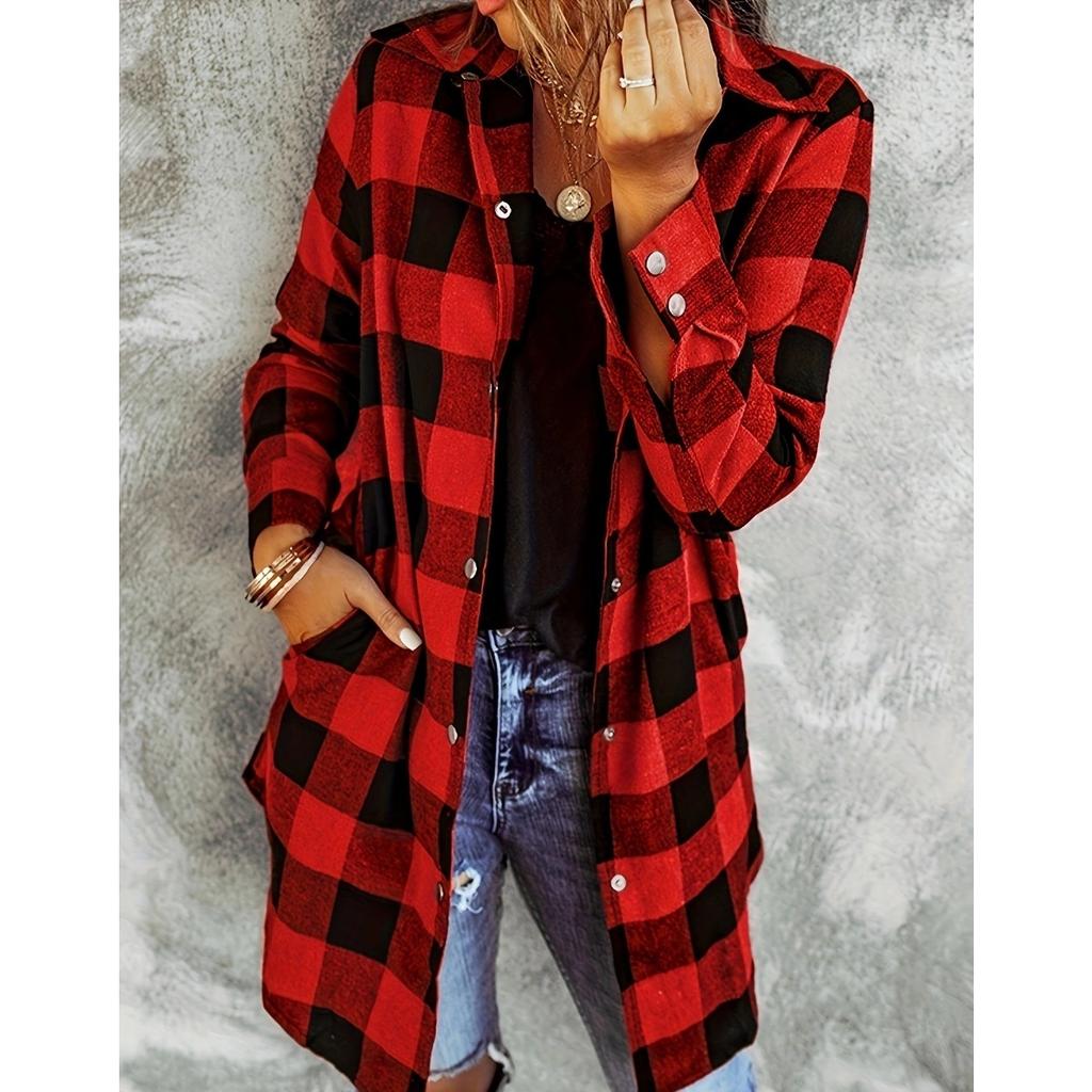 Fall Winter Vintage Plaid Long Sleeve Lapel Women's Loose Casual Shirt Jacket, Leisure Outerwear