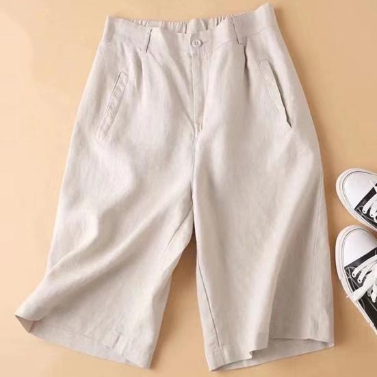 High Waist Elastic Waistband Women Shorts Button Fly Pockets Knee Length Straight Wide Leg Suit Short Pants Workwear