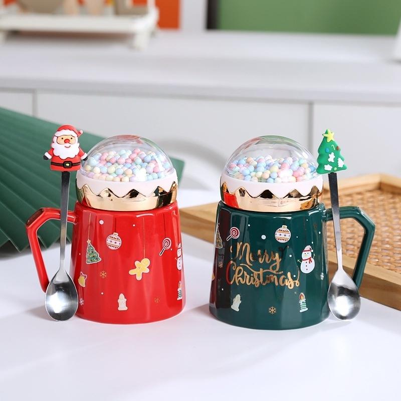 Crystal Ball Christmas Mugs Ceramic Santa Claus Figurines with Lid and Spoon Cute Coffee Mug for Home Office High, X'mas Gift
