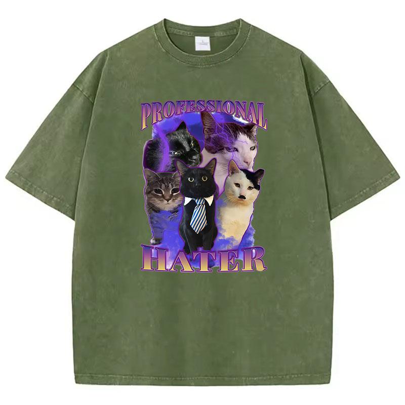 Retro T-Shirt Vintage Gewaschenes Baumwoll-T-Shirt Professioneller Hater Katze Grafik-T-Shirt Lässige Streetwear Frühling Sommer