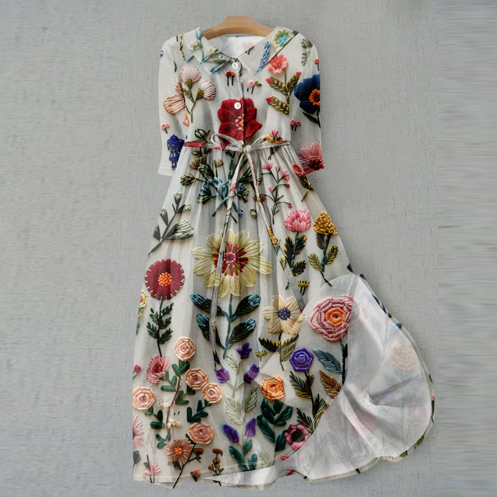 Женское модное платье с 3D-моделированием в стиле ретро с цветочным принтом и пуговицами — фото 13