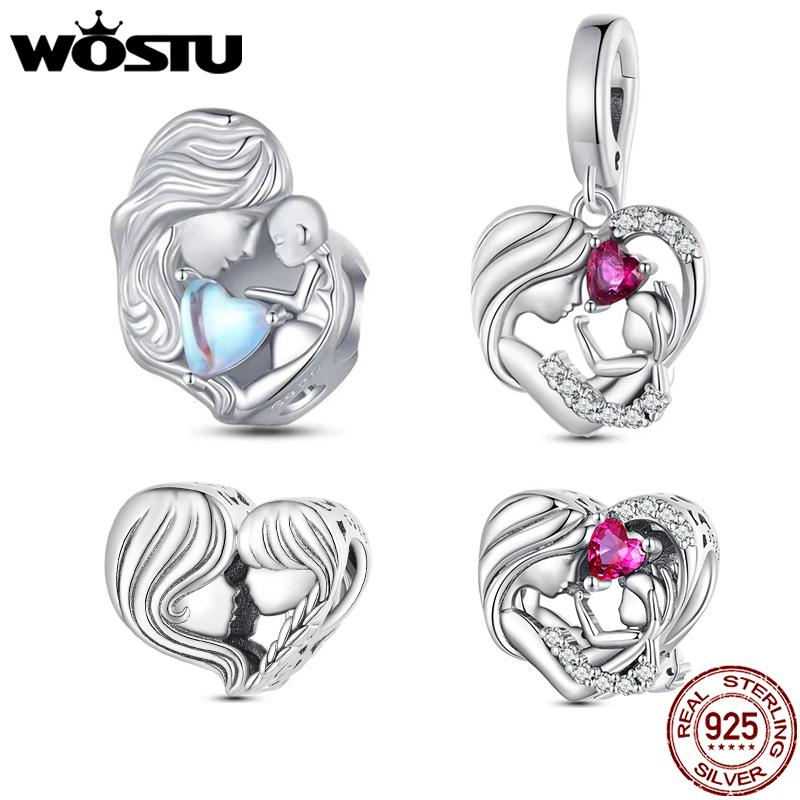 WOSTU 925 Sterling Silver Heart Rainbow Moonstone Bead Mom Daughter Charms Fit Original Bracelet DIY Jewelry family Jewelry Gift