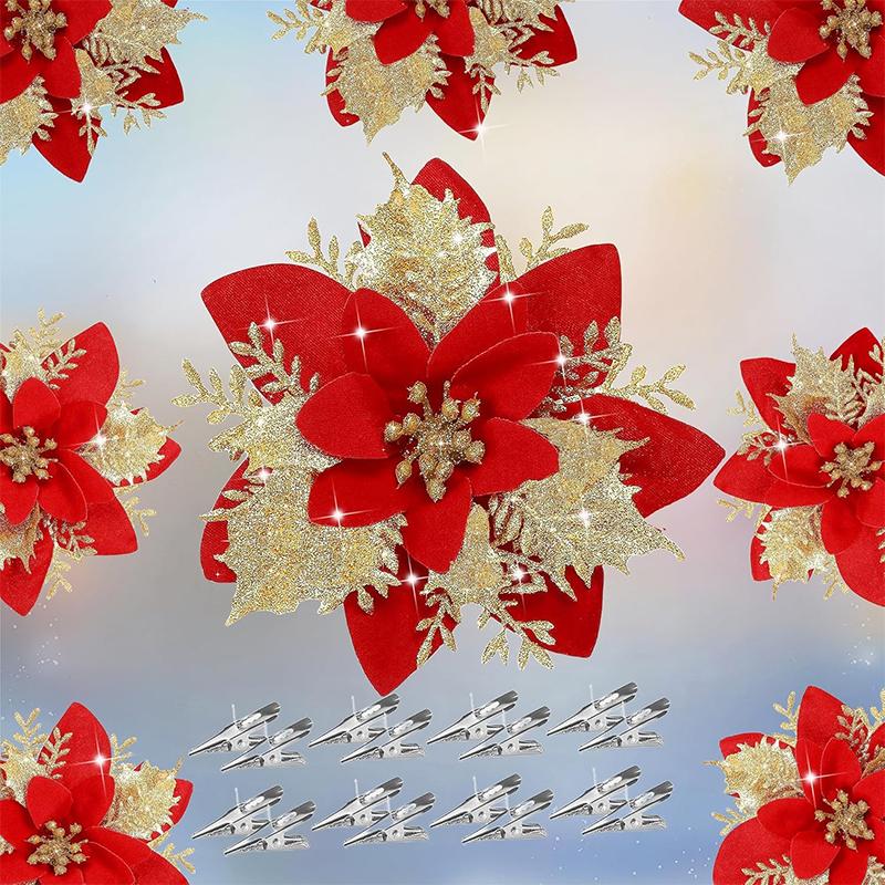 2/5Pcs 14cm Glitter Artifical Christmas Flowers Mreey Christmas Tree Decor Happy New Year Ornaments Xmas Fake Flowers Natal