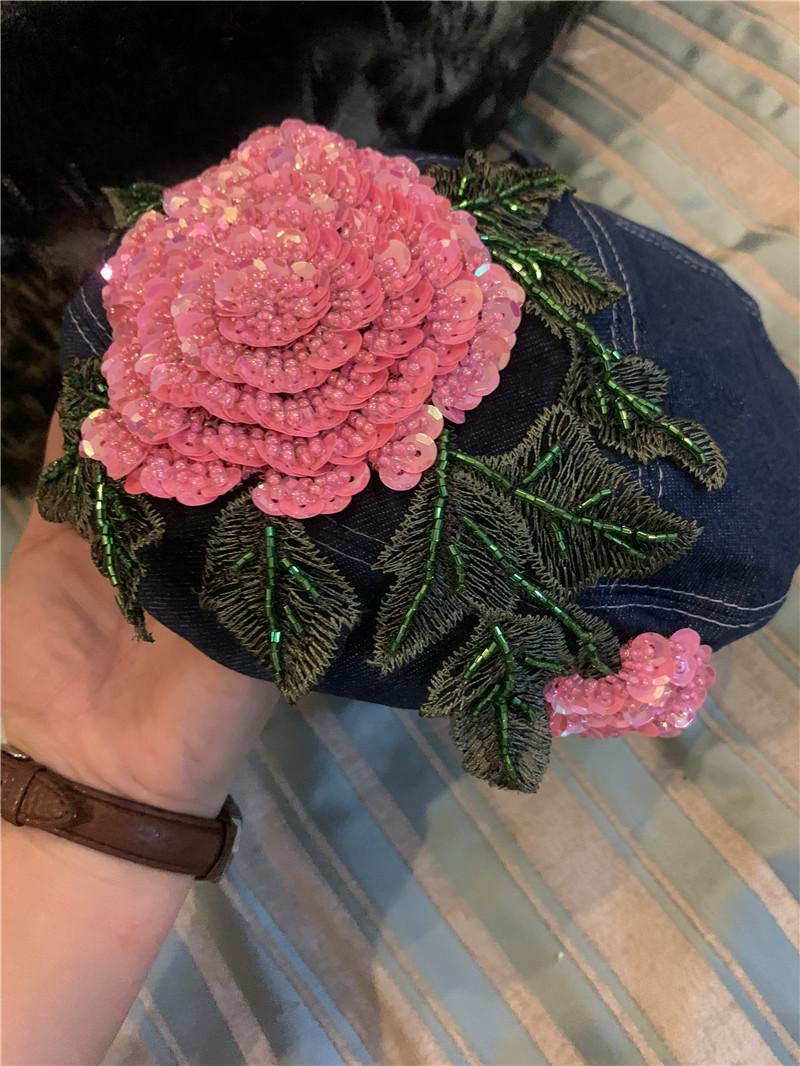 

Ins Chic Design Style Весенняя джинсовая розовая с блестящими цветами из бисера Роскошный женский берет Кепка Женская шляпа художника для отдыха head size 57cm