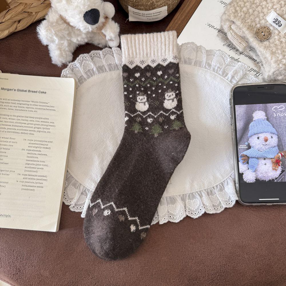 Chaussettes en Laine Mi-Mollet Fair Isle Bonhomme de Neige pour Femmes, Chaudes pour l'Hiver et Noël, Style Rétro Japonais.