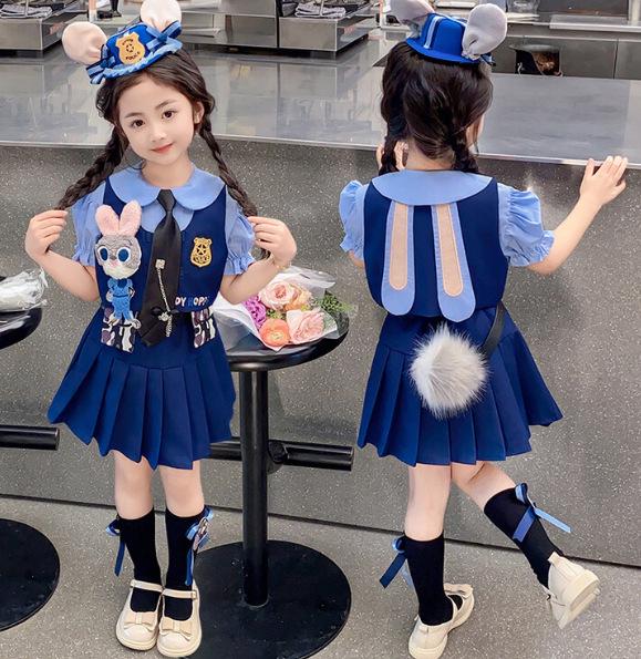 Bunny Police Officer Cosplay Dress - Girls' Spring/Autumn Academy Style JK Lolita Princess Set