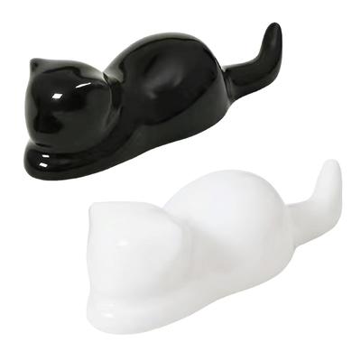 ZERONOWA Cat Brush Rest, Ceramic Calligraphy Accessory, Set of 2, Mini Cat Brush Rest, Paperweight, Decorative Figurine (White/Black)