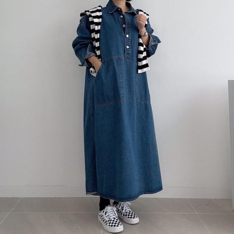 Retro Chic Lazy Long Sleeve Denim Dress Loose Casual  Women's Maxi Drress
