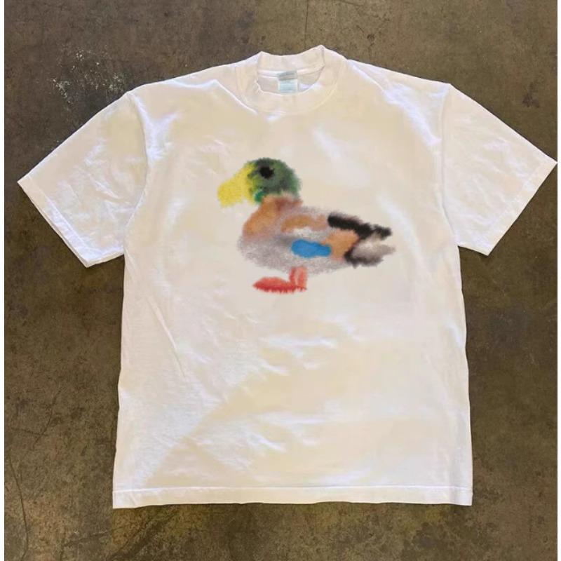 Summer retro cartoon watercolor small duck print shortsleeved Tshirt for Unisex and Women pure cotton top