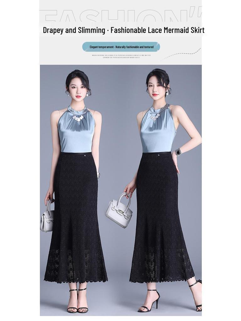 Women's Elegant High Waist Lace Fishtail Midi Skirt - Spring 2026