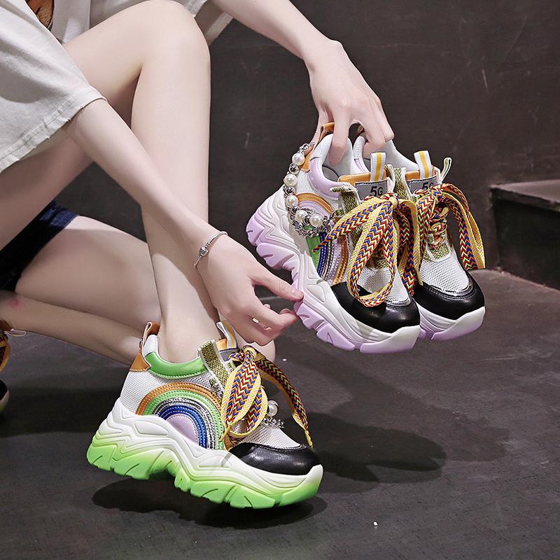 Fashion Women Platform Sneakers 9cm Height Increasing Chunky Casual Shoes Sports Vulcanized Shoes Woman Colorful Female Fashion Sneakers