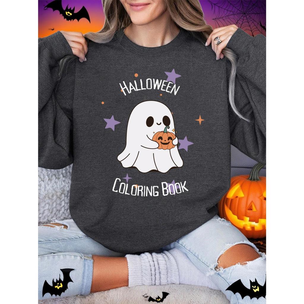 Halloween Coloring Book Printing Sweatshirts Women Winter Fleece Warm Hoodie O-Neck Loose Pullover Basics Sporty Womans Clothes