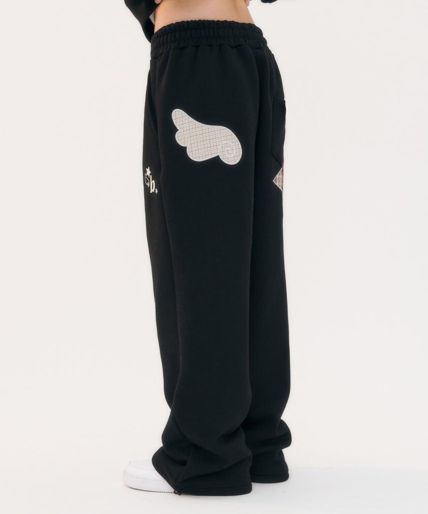 AMBLER [Terry/Fleece] Angel Star Patch Embroidered One-Pleat Drawstring Wide Sweatpants Ap903 (Black)