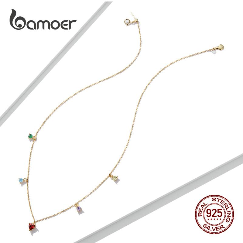 BAMOER 925 Sterling Silver Elegant Gold-plated Five Colored Zircon Necklace for Women Elegant Fine Jewelry