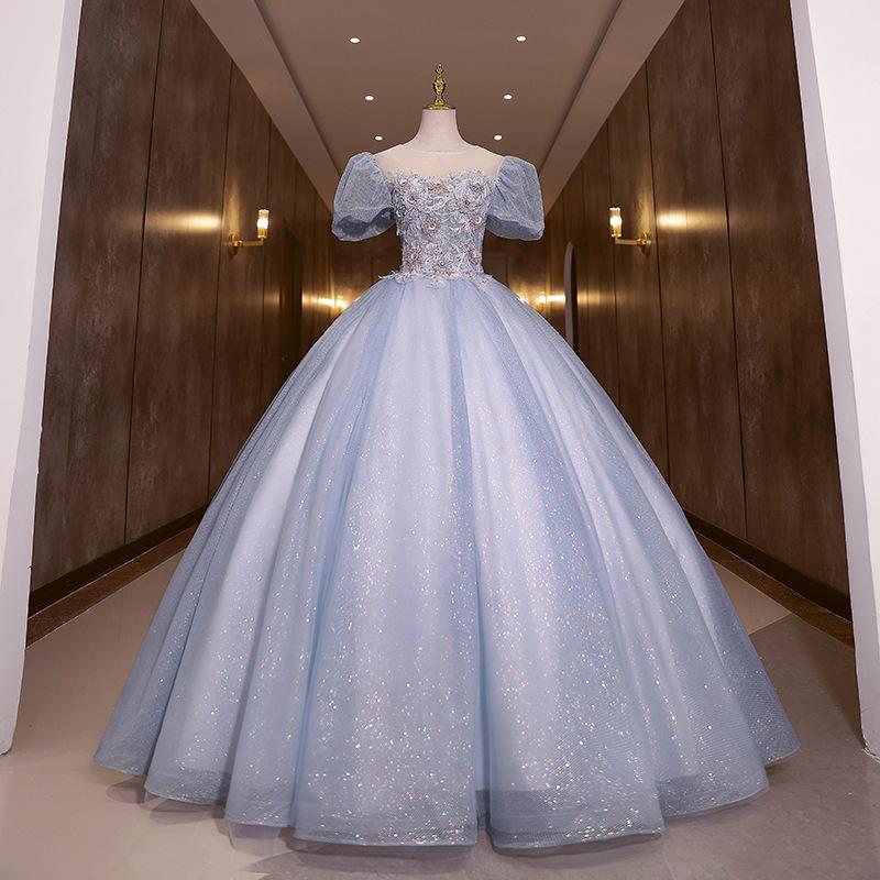 Blue Bubble Sleeve Evening Dress Bel