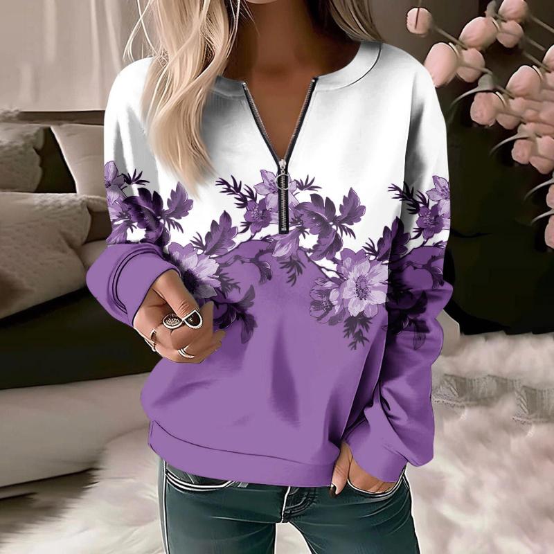 

Women s Sweatshirt Pullover Basic O-Neck Zipper Yellow Red Blue Floral Long Sleeve Tops Street Casual Sweatshirt Autumn Winter XL