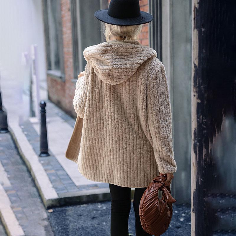 Hooded Double-sided Plush Cardigan Jacket Women's Loose Buttonless Outerwear Solid Color Long Sleeved Coat Warm Casual Autumn and Winter