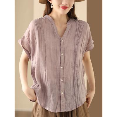 Letné retro plisované blúzky a košele Dámska košeľa s krátkym rukávom Cardigan s výstrihom do V
