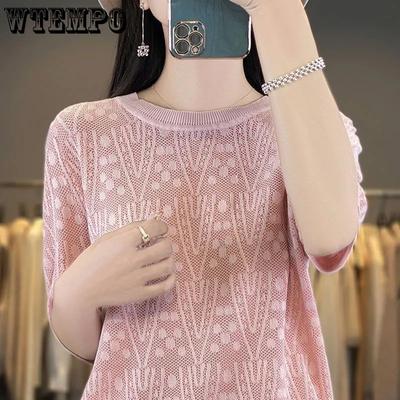 Summer New Round Neck Short Sleeve T-shirt for Women Loose and Hollow Out Versatile Knit Shirt Solid Color Top