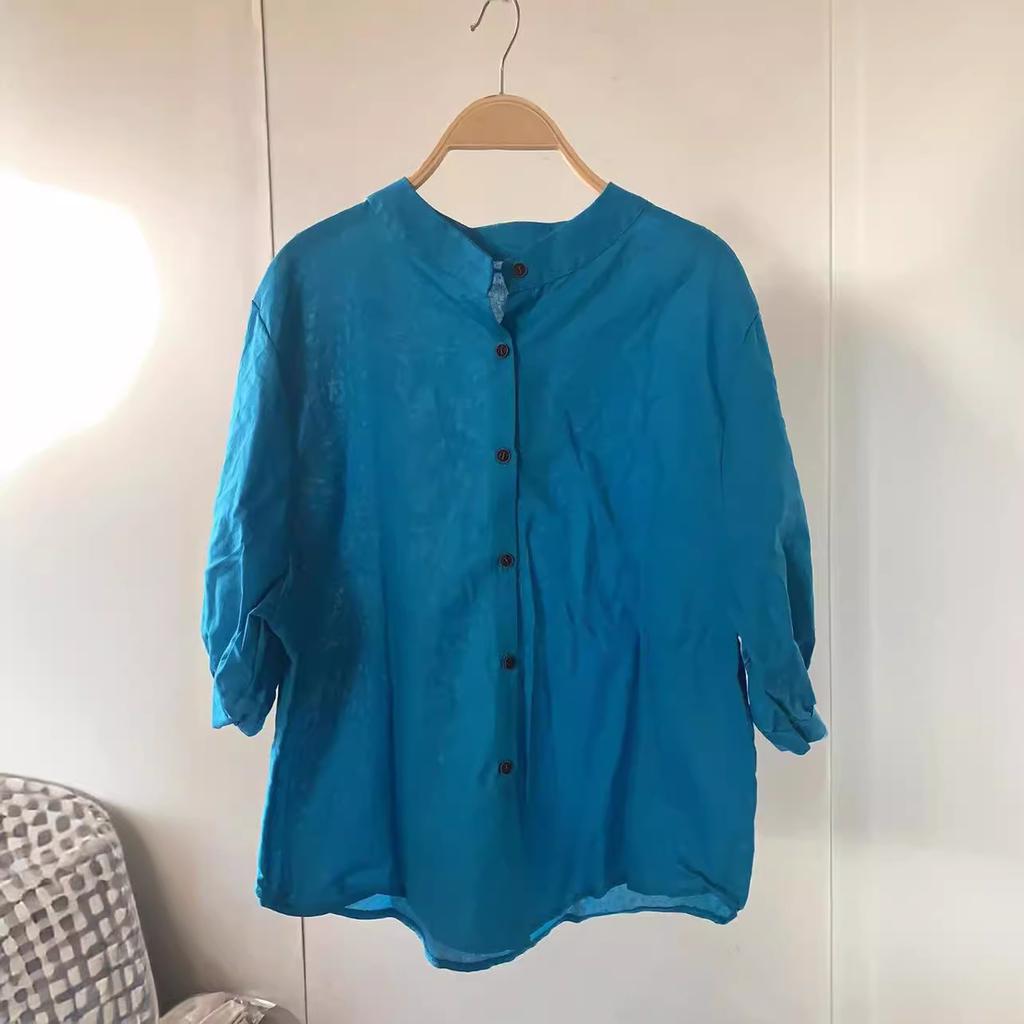 Koszula damska z lnu bawełnianego z rękawami typu latarnia, vintage, artystyczny top, luźna bluzka z krótkim rękawem w dużym rozmiarze