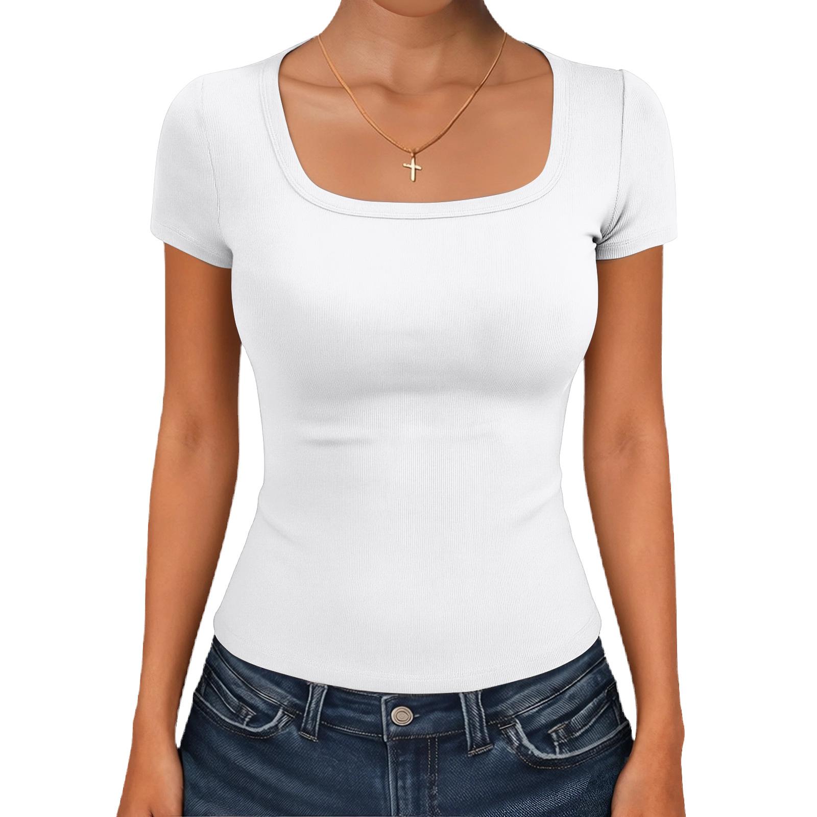 

Женская базовая модная футболка с квадратным вырезом и коротким рукавом L белый