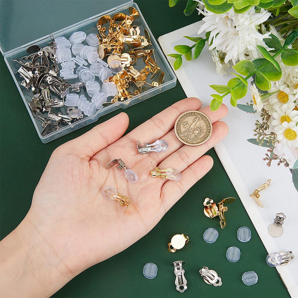 56Pcs 4 Style 304 Stainless Steel Clip-on Earring Findings Clip on Earring Pads Flat Round with 56Pcs Silicone Earring Pads