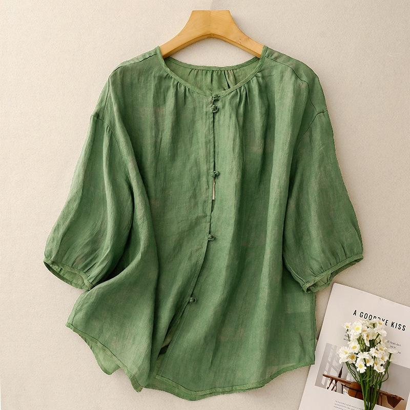 

Женская летняя новая простая хлопковая и льняная китайская рубашка с пряжкой, однотонная, с круглым вырезом и рукавом семь четвертей 2XL