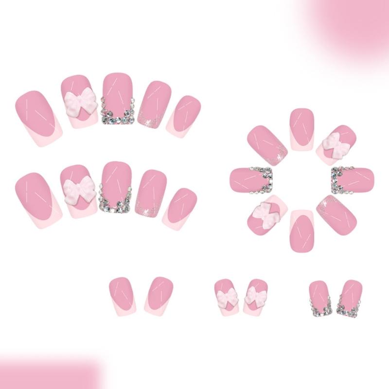 24PCS French Pink Glitters Short False Nail With Bows Design ABS Fake Nail Easy To Apply For Women Party Comfortable Wear