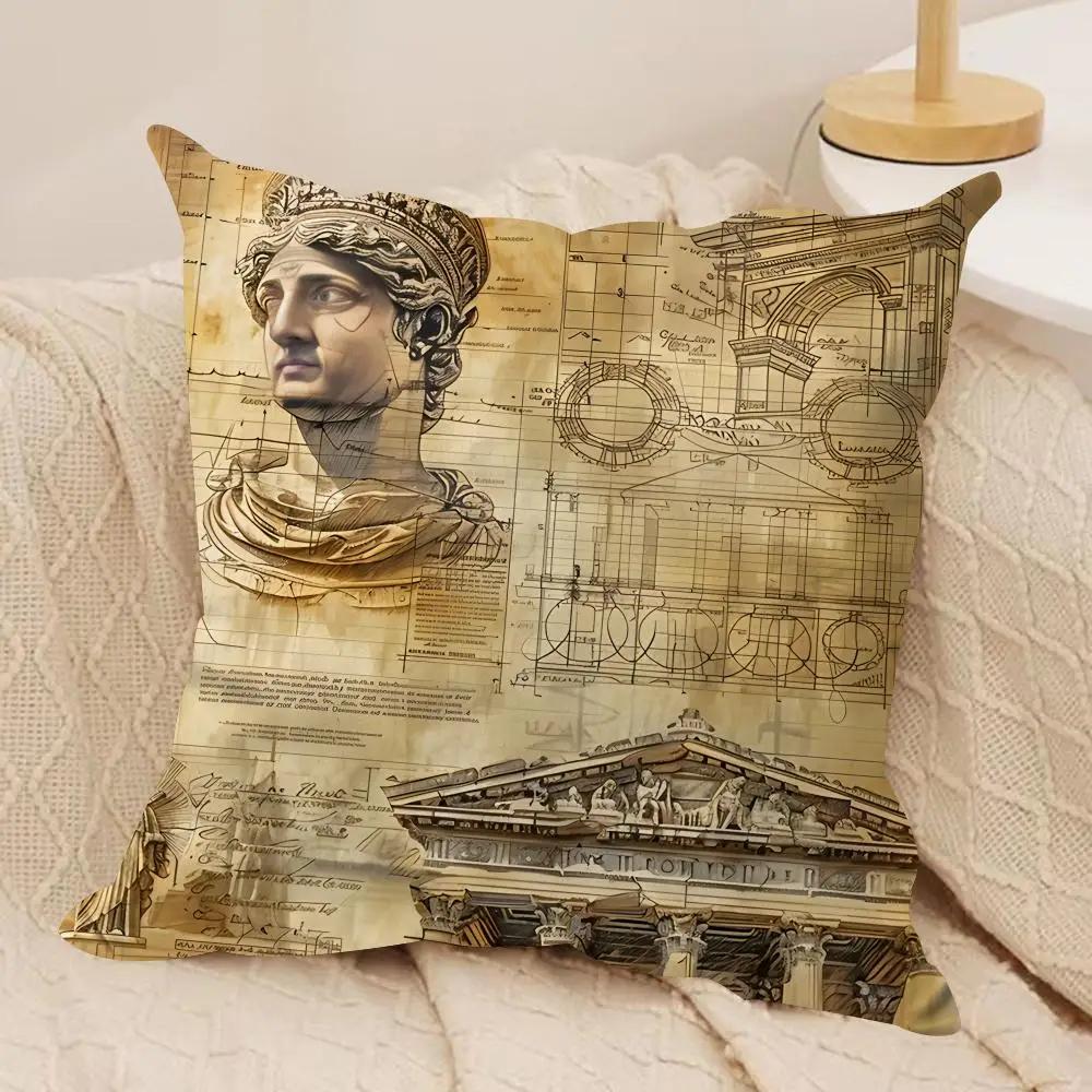 Retro Roman Architectural Cushion Cover Silky Short Plush Invisible Zipper Dustproof Sofa Pillow Case For Home Decor