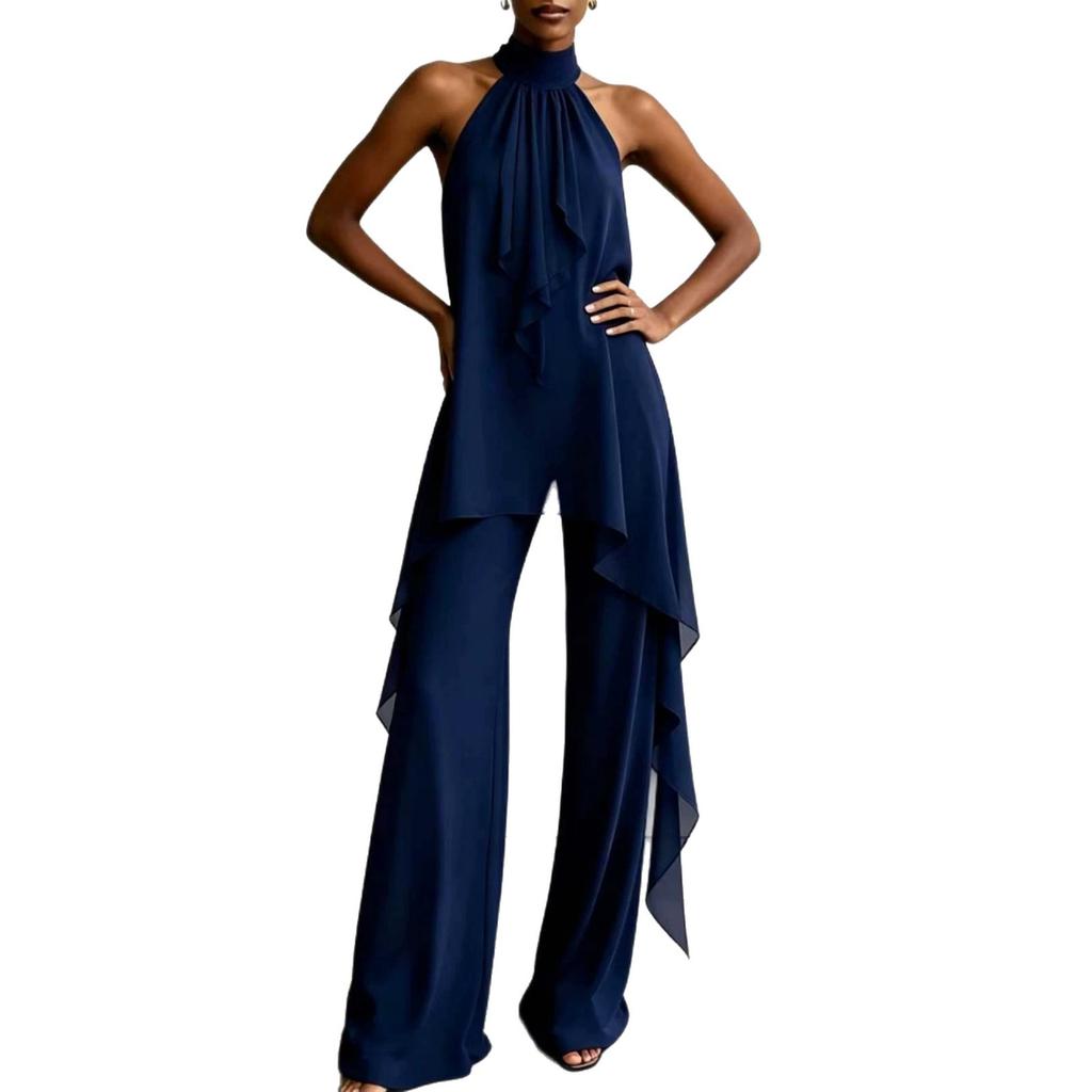 Cross-border special supply of European and American style neck off-the-shoulder chiffon top wide-leg pants set, temperament thin and drape two-piece 
