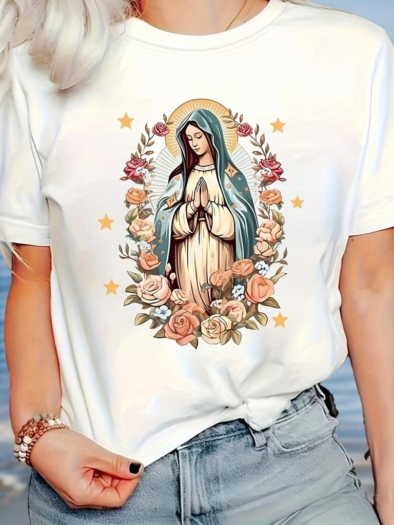Virgin Mary Praying Floral Graphic T-shirt