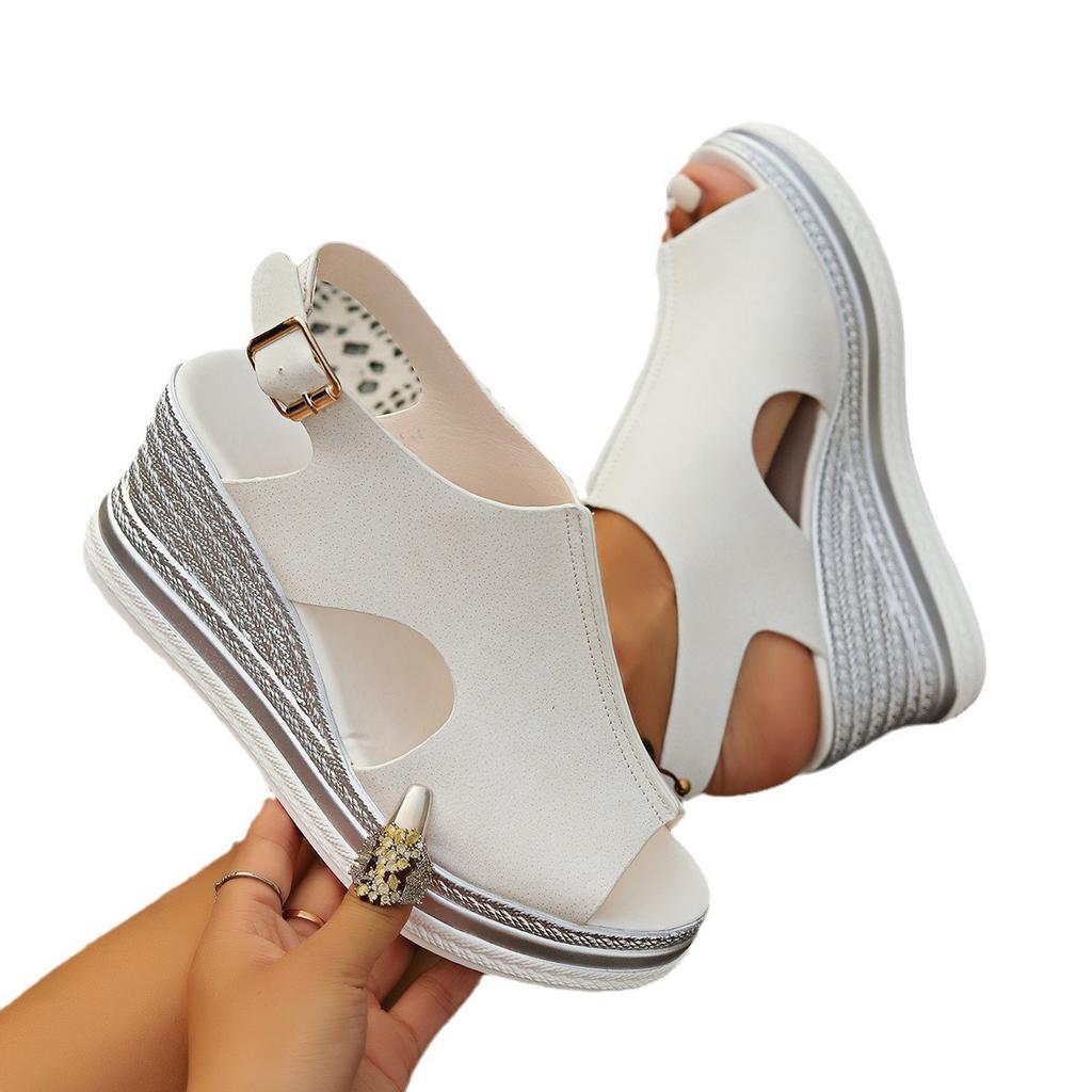 Summer new large size foreign trade women's shoes Roman wind slope heel thick sole hollow fish mouth sandals women's foreign trade high heel sandals